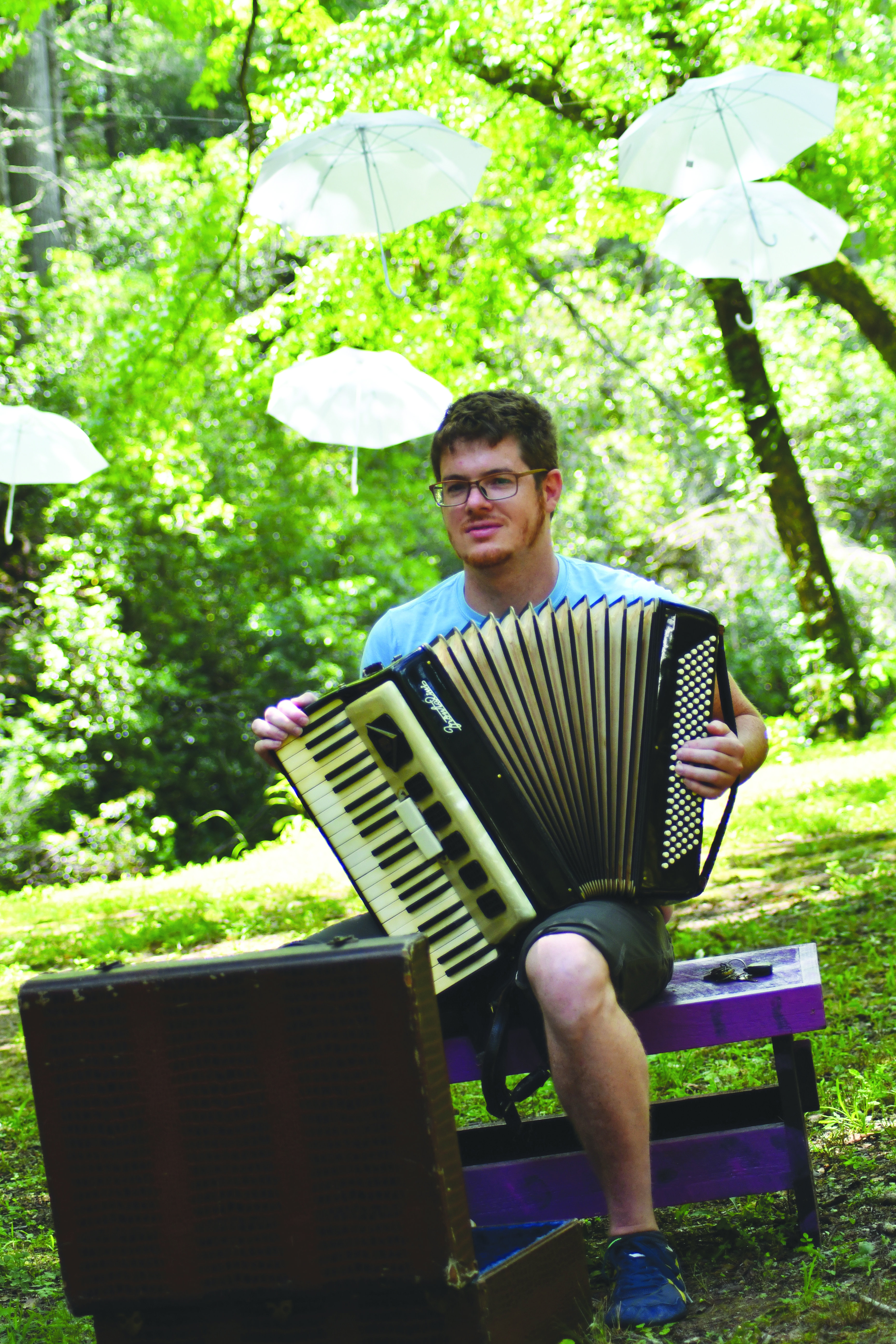 Enoch Autry/The Clayton Tribune. James Fairchild of Tiger plays the accordion during the Great American Art Show & Contest on Aug. 5 in Lakemont. In the background are hanging white umbrellas. Other umbrellas were hung around the park area.