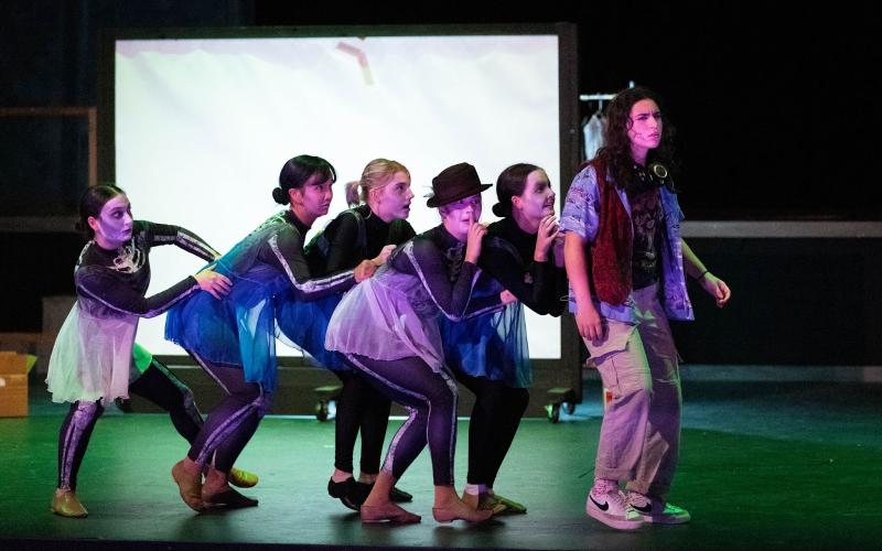 Photo courtesy Megan Morris/Rabun Gap-Nachoochee School. Toni “Totes” Chase, played by  Brooksie Tate Martin '23 of Clayton, (far right) is spooked by ghosts in Rabun Gap-Nacoochee School’s Cirque Fantôme. Pictured from left are Ava Grace Bonomo ’25 of Waynesville, N.C., Rebekah Wu ’23 of Frankin, N.C., Zoey Townsend ’23 of Cullowhee, N.C., Clara Pedall ’25 of Munich, Germany, and  Juliette Teutsch ’24 of Demorest. 