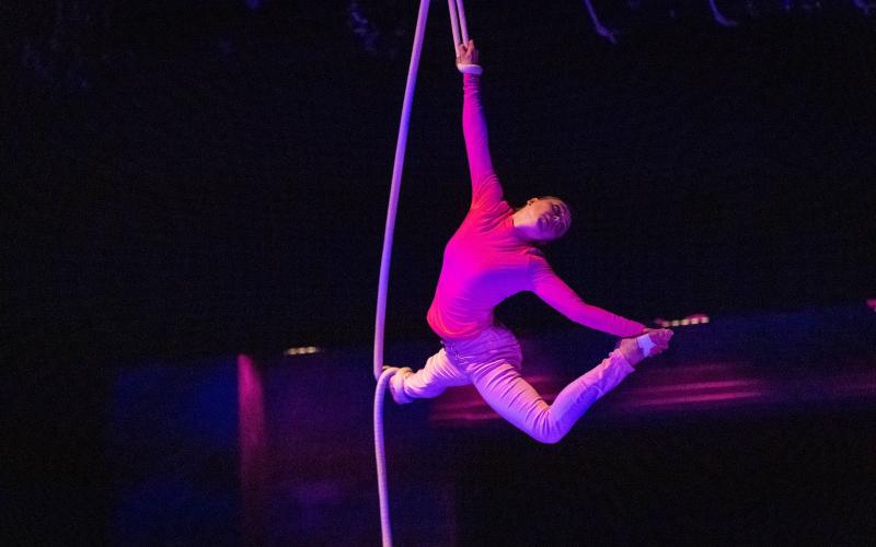 Photo courtesy Megan Morris/Rabun Gap-Nachoochee School. Makenna Bilbrey ’26 of Otto, N.C., performs on the aerial silks in Rabun Gap-Nacoochee School’s Cirque Fantôme.