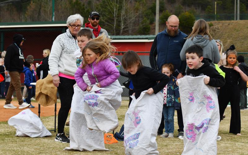 Enoch Autry/The Clayton Tribune. The sack races at the Easter Egg Hunt event provided a lot of fun for the children.