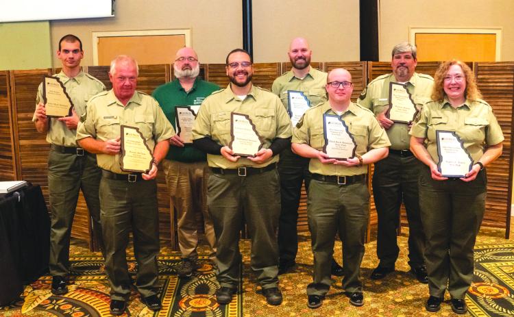 Submitted photo. Group photo of 2023 Georgia State Park and Historic Site award recipients (from left): John Shelnutt, Ronnie McClure, Shannon Crabb, Emmanuel Stewart, Derek Jackson, Taylor Kimbrough, Michael Teel  with Black Rock Mountain and Tina Blackstock. Not pictured: Dionne Youmans.