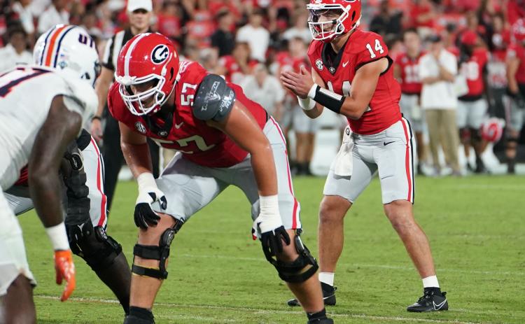 Photo courtesy of Keith Barlow. Former Rabun County standout quarterback Gunner Stockton prepares to accept the snap out of the gun in the fourth quarter against UT Martin. With his first-ever playing time for the Dawgs, UGA drove the ball down the field to connect on a field goal. 