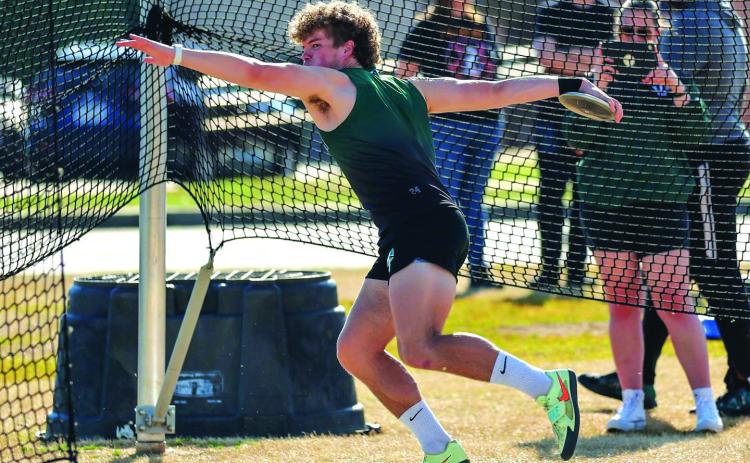 Wade Cheek/The Clayton Tribune. Tallulah Falls Sam Ketch prepares to launch the discus during his senior season for the Indians. Ketch, who also excels in the shot put, has signed with Davidson College to join its track and field team.