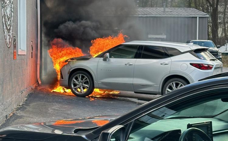 Photo courtesy of John Bradshaw. A 2019 Chevrolet Blazer was damaged extensively by a fire, apparently electrical in nature, in Clayton Friday, Feb. 23.  Read more about the blaze on page A2 of this week’s edition of The Clayton Tribune.