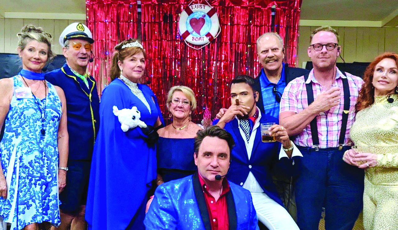 Submitted photo. Rabun Entertainers performed ‘Murder on the Lust Boat’ as part of a dinnrt theatre at Kingwood Resort in Clayton June 24 and 25. Pictured are Debbie Martin as “Monique Lewdinsky”; Steven Webster as “Captain Ivah Dinghy”; Valerie Carpenter as “Fiona Helmsworth”; Sharon Purdy, director, Ashley Eller as “Tony Terrafirma”; Ishmael Santos as “Rico, Man of Mystery”; Randy Hamilton as “Ham Helmsworth”; Matt Holland as “Butler Rutledge”; Cheryl Webster as “Caprice Rutledge.” 