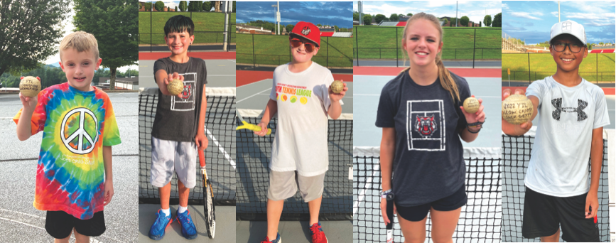 Tagg Bedingfield, Red Division Winner, left; Isaac Lewis, Orange Division Winner; Drake Duchaine, Green Division Winner; Adelyn Thompson, Yellow Division Girls Winner; Jack Getty, Yellow Division Boys Winner