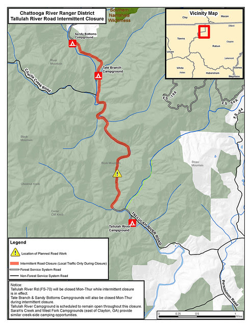 Submitted photo.   Road closures will occur 9 a.m. to 12 p.m. and 2 p.m. to 5 p.m. Monday through Thursday each week until October. Tate Branch and Sandy Bottoms campgrounds will be closed Monday through Thursday, but will open to visitor use Friday through Sunday.