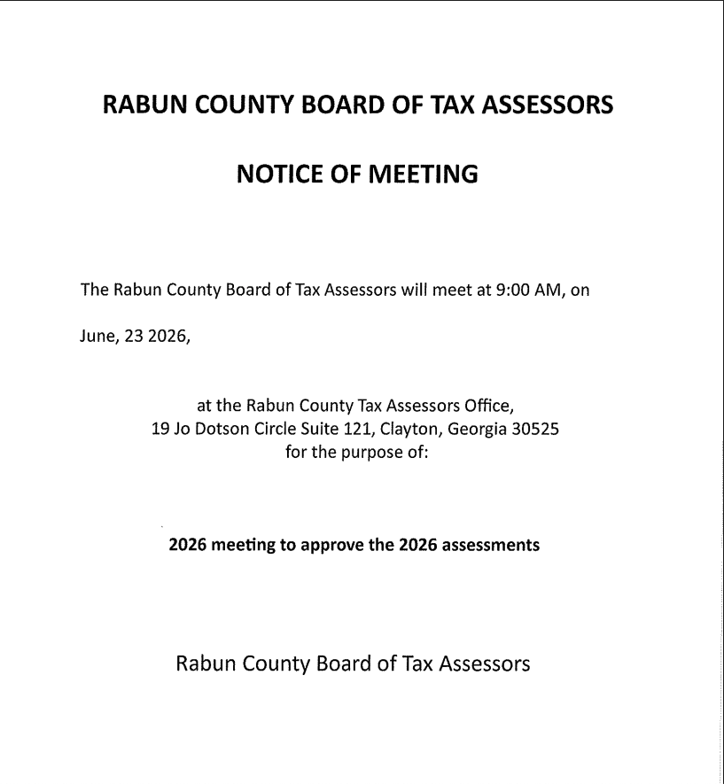 Public notice from the Rabun County Board of Tax Assessors. 