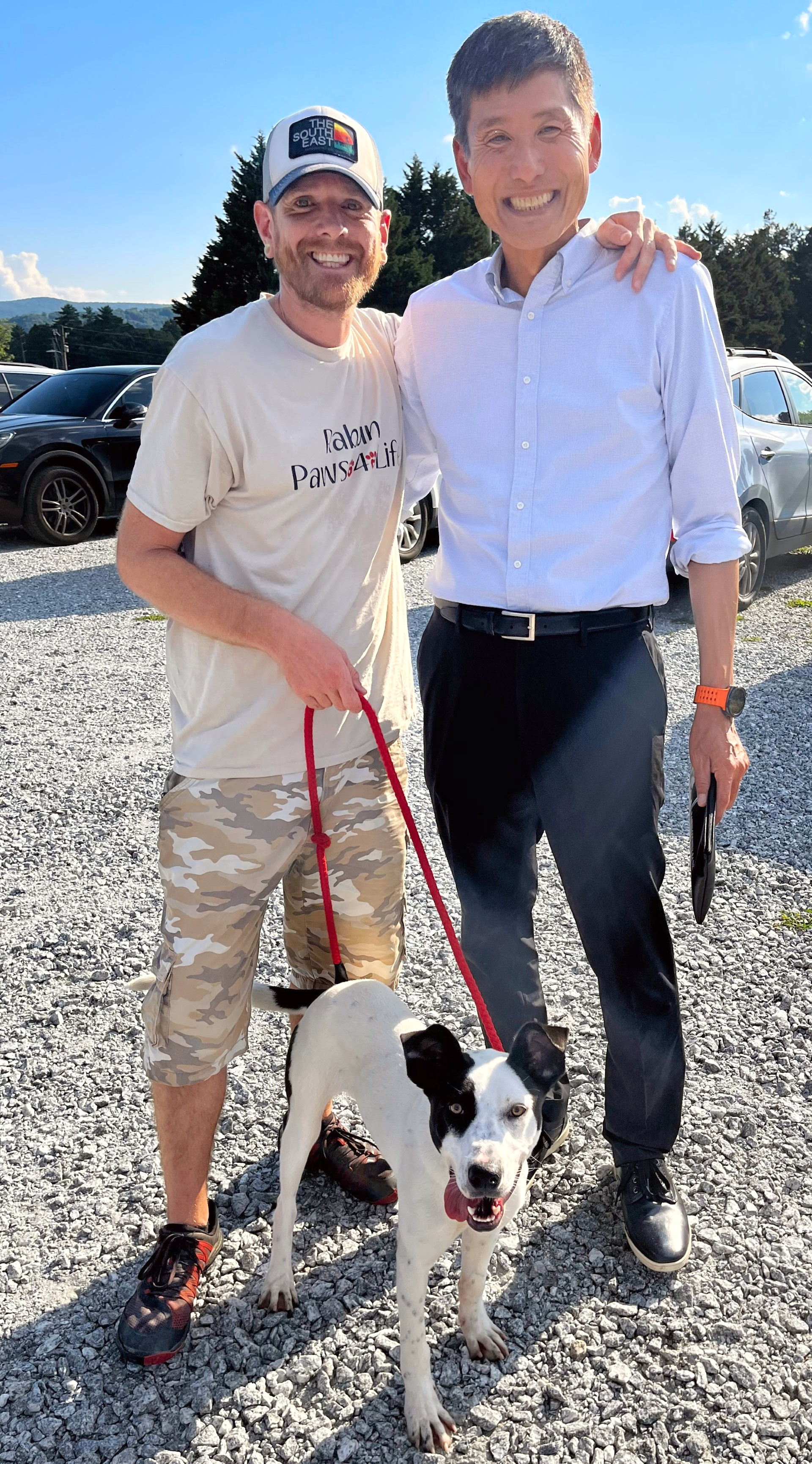 Submitted.  Everett Lampros from Paws 4 Life was accompanied by “Dottie” to help receive the check from Rabun Pickleball Club President Yong Kim. 
