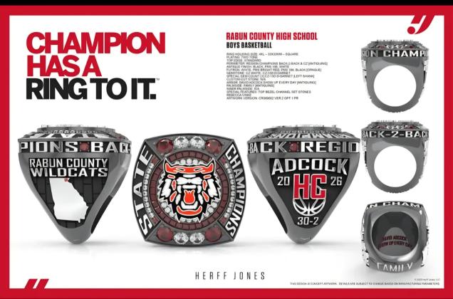 Submitted. The Rabun County boys basketball team will receive these championship rings pictured here before the opening football game on Aug. 28 at 7 p.m. The Wildcats went 30-2 last season, winning the Class A Division I state title over Southwest. 
