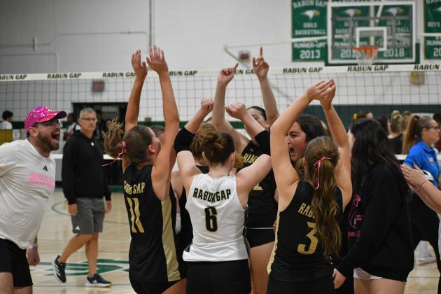 Wesley Branch/The Clayton Tribune. The Rabun Gap girls volleyball team celebrates its first-round playoff win versus Cannon School on Oct. 14, 2025. 