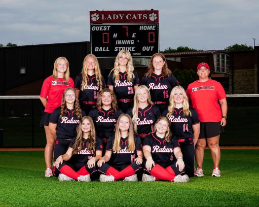 Submitted Photo. Jessica Evans has begun her third season as the Lady Cat softball head coach. Front Row: (From left) Addison Patton, Kynzlie McCall and Mattie Scott. Middle Row: Jalynn Gragg, Charley Weaver, Kenlee Hedge and Capi Welch. Back Row: Coach Makenna Talcott, Kyla Shook, Cecelia Fields, Aubrey Colbert and Head Coach Jessica Evans. NOT PICTURED: River Evans.
