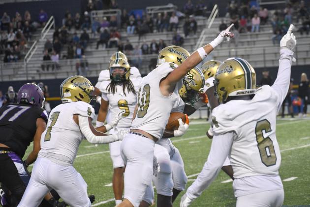 Wesley Branch/The Clayton Tribune. The Rabun Gap defense celebrates after defensive lineman Royce Djouguem recovers a fumble during the Eagles’ 31-6 win over the Lions from Ambassador Christian School on Sept. 25. RGNS will face No. 147 Christian Brothers College in St. Louis on Oct. 1.