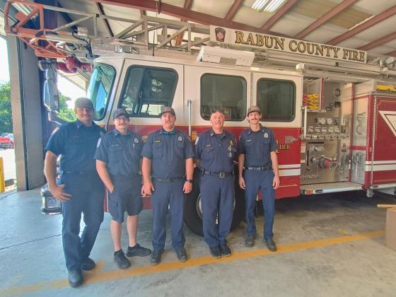 Megan Horn/The Clayton Tribune. Rabun County Fire Services crew members Luke Justice, Issac Williams, Assistant Chief Dalton Freeman, Chief James Reed and Holden Bleckley are ready to serve the community during their shift. Rabun County Fire Services is made up of about 150 dedicated volunteers and 14 paid individuals. 
