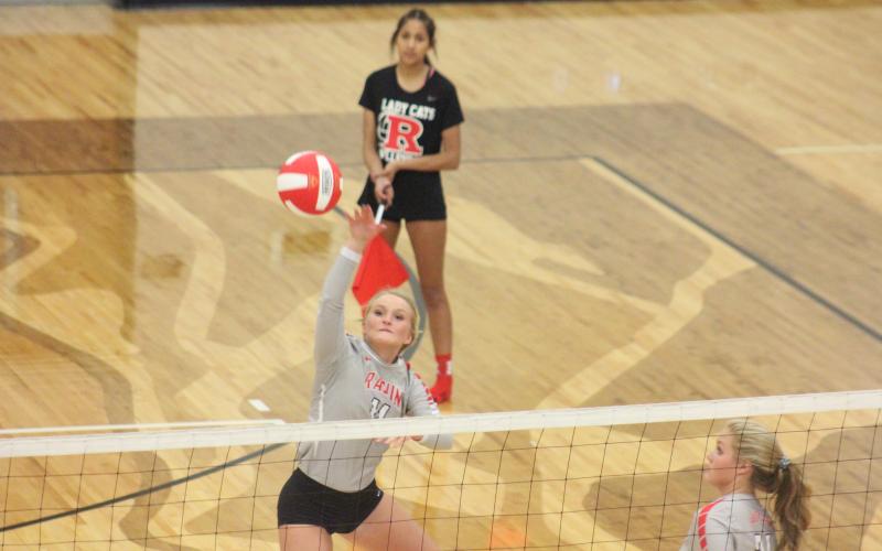 Rabun County’s Ali Ramey attempts a return against Prince Christian Avenue during a match at Ken Byrd Court in Tiger on Tuesday night. (Glendon Poe/The Clayton Tribune)