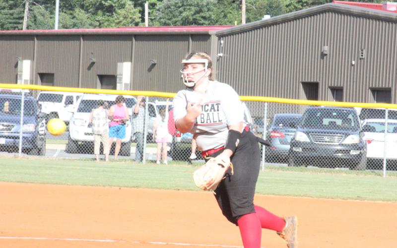 Rabun County’s Alyssa Fair pitches against Dawson at Rabun County High School in Tiger last Thursday. (Glendon Poe/The Clayton Tribune)