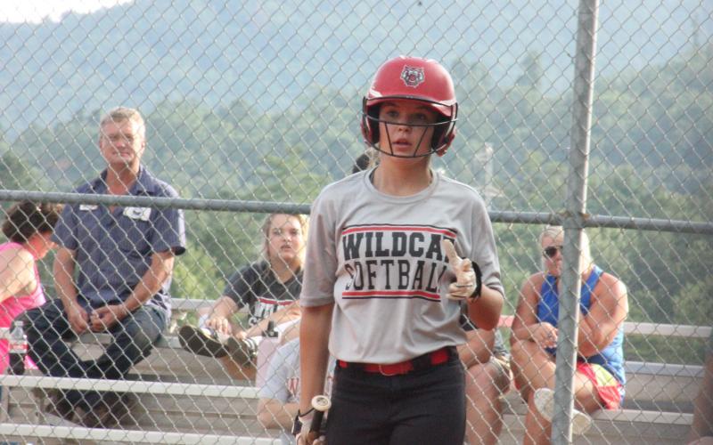Rabun County’s Krissa Cannon listens to instructions from coach Angela Shepheard during a break in action against Dawson at Rabun County High School in Tiger last Thursday. (Glendon Poe/The Clayton Tribune)