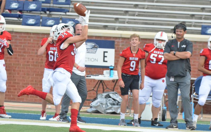 Rabun County wide receiver Tate Ramey makes a catch along the sideline during a game against Bremen in the Erk Russell Classic at Georgia Southern’s Paulson Stadium in Statesboro last Saturday night. (Wayne Knuckles/The Clayton Tribune)
