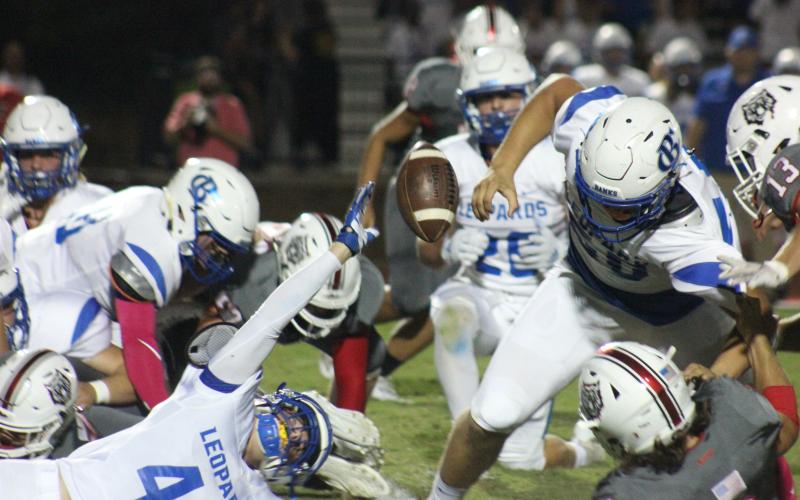 Banks County fumbles the football during the first half at Frank Snyder Memorial Stadium in Tiger last Friday night. Rabun County recovered the fumble. (Glendon Poe/The Clayton Tribune)