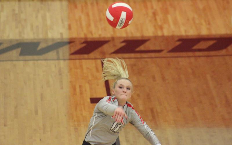 Rabun County’s Ali Ramey attacks Union County during the GHSA Class A/AA Area 8-Public championship match at Ken Byrd Court in Tiger last Thursday night. (Glendon Poe/The Clayton Tribune)