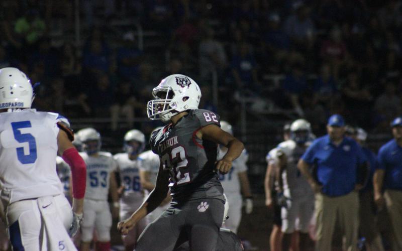 Rabun County kicker Edwin Diaz (82) watches his extra-point kick attempt during the first half against Banks County at Frank Snyder Memorial Stadium in Tiger last Friday night. (Glendon Poe/The Clayton Tribune)