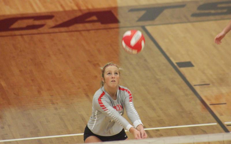 Rabun County’s Lexi Crump digs at a ball against Union County during the GHSA Class A/AA Area 8-Public championship match at Ken Byrd Court in Tiger last Thursday night. (Glendon Poe/The Clayton Tribune)