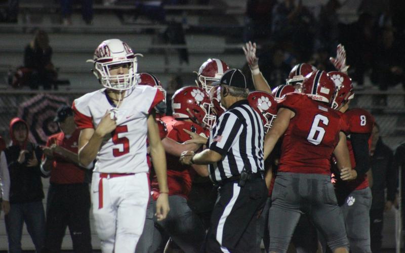 Social Circle’s Mason Moore (5) looks to the sideline after Rabun County’s defense celebrates recovering a fumble at Frank Snyder Memorial Stadium in Tiger last Friday night. (Glendon Poe/The Clayton Tribune)