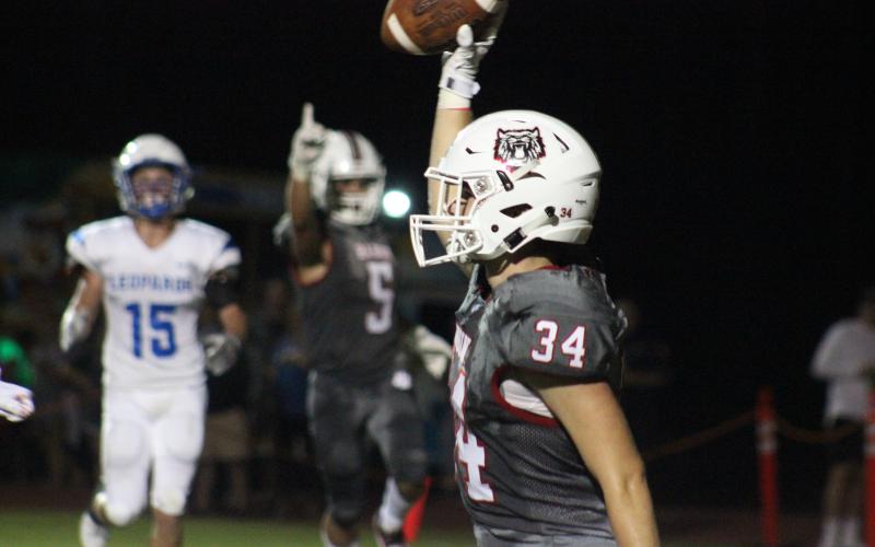 Rabun County wide receiver Tate Ramey (34) holds the ball in the air after catching a pass in the end zone during the second half against Banks County at Frank Snyder Memorial Stadium in Tiger last Friday night. The touchdown was negated by a penalty. (Glendon Poe/The Clayton Tribune)