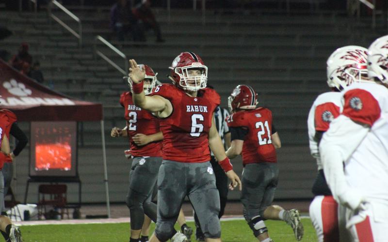 Rabun County defensive lineman Will McCraw (6) gets instructions from the sideline during the first half against Social Circle at Frank Snyder Memorial Stadium in Tiger last Friday night. (Glendon Poe/The Clayton Tribune)
