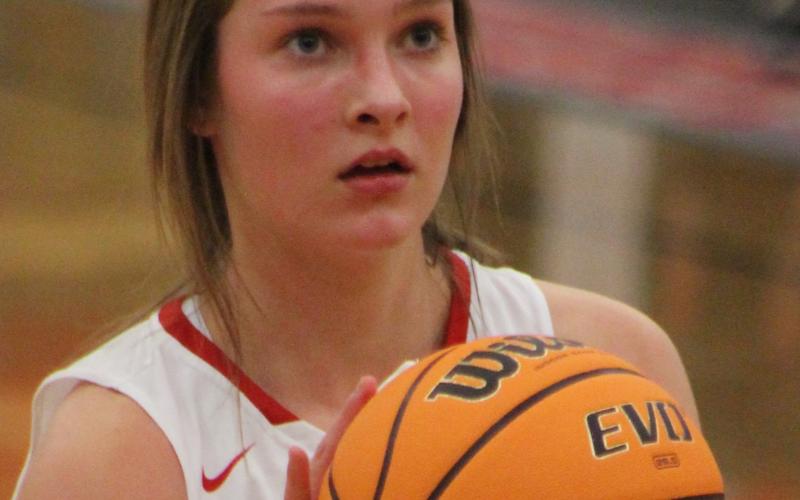 (Andy Diffenderfer/The Clayton Tribune) Carley Haban scored 14 of her game-high 22 points in the first half last Friday, leading Rabun County over Union County in a key Region 8-AA duel.