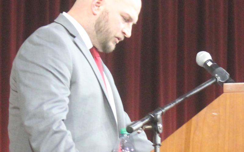 Andy Diffenderfer/The Clayton Tribune Rabun County High head football coach Jaybo Shaw addresses Wildcat players, parents and boosters Sunday at the program's award ceremony.