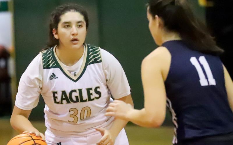 Submitted photo by Rabun Gap-Nacoochee School The Lady Eagles’ Aileen Marquez sizes up a defender in an earlier game this season.