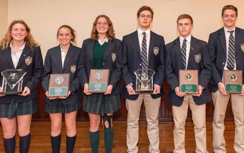 Submitted photo From varsity swimming are freshman Sammy Hartman of Clermont, Most Valuable; freshman Kate Trotter of Demorest, Most Improved Award; senior Reid Kafsky, Coach’s Award; senior John Nichols, Most Valuable; senior manager Stephen Bowman of Cornelia, Coach’s Award; freshman Nelson Wilkinson of Cleveland, Most Improved Award.