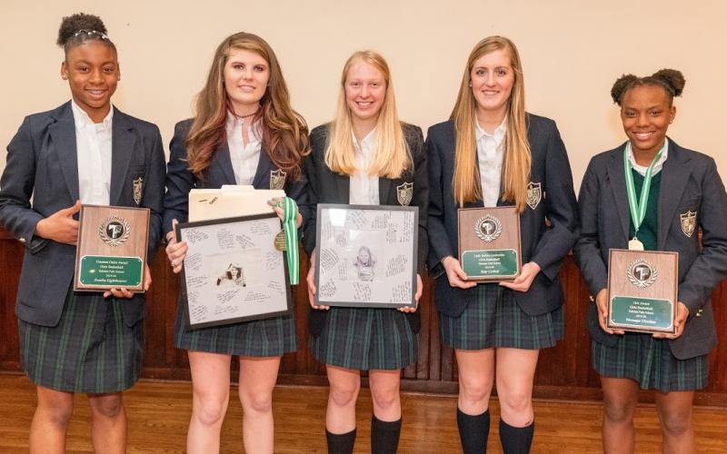 Submitted photo From varsity girls basketball are freshman Denika Lightbourne of the Bahamas, Greatest Gains Award; senior Lillie Free of Demorest, Senior Captain Award; senior Sophie Alexander of Sautee-Nacoochee, Senior Captain Award; Katy Corbett of Lakemont, Lady Indian Leadership Award; freshman Veronaye Charlton of the Bahamas, Grit Award.