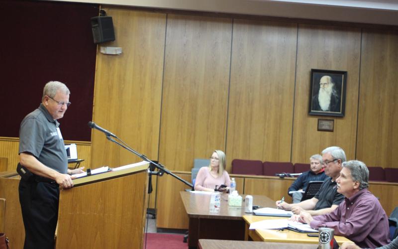 Megan Broome/The Clayton Tribune. Mike Carnes, Rabun County EMS/911 Director, presents his department’s requested budget to commissioners at the county’s budget workshop for FY 2021 on Thursday, April 23.