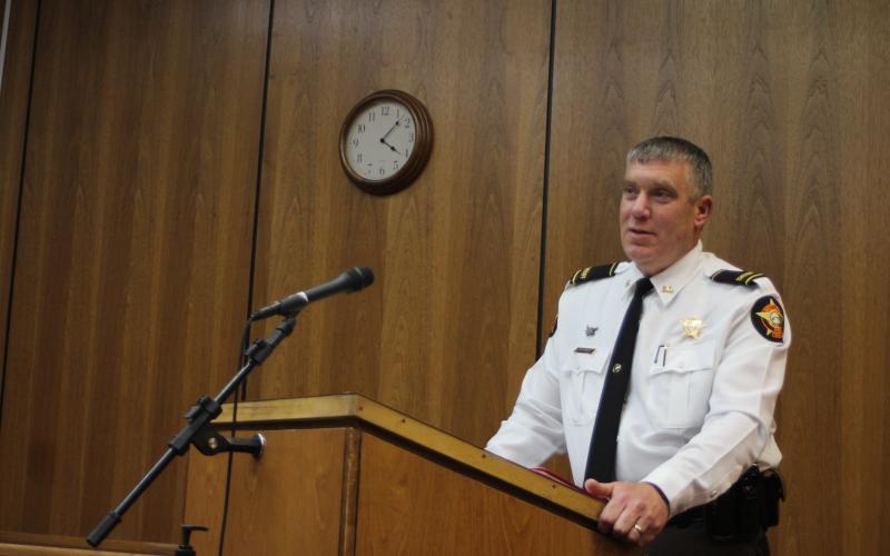 Megan Broome/The Clayton Tribune. Sheriff Chad Nichols presents the proposed FY 2021 budgets for the Sheriff’s Office and Detention Center to commissioners at a budget workshop in April.