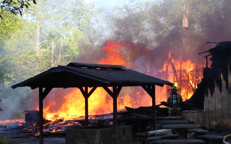 Megan Broome/The Clayton Tribune. Rabun County Fire Services assisted Otto Fire and Rescue with a commercial structure fire at 371 Andy’s Trout Farm Rd. on Thursday, May 7.