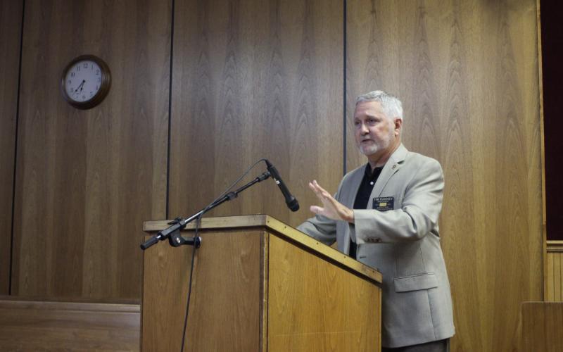 Megan Broome/The Clayton Tribune. Tim Ranney, President of The Rotary Club of Clayton, asked county commissioners Tuesday for permission to use the county health department dental facilities to launch a low-cost dental clinic for Rabun County residents.