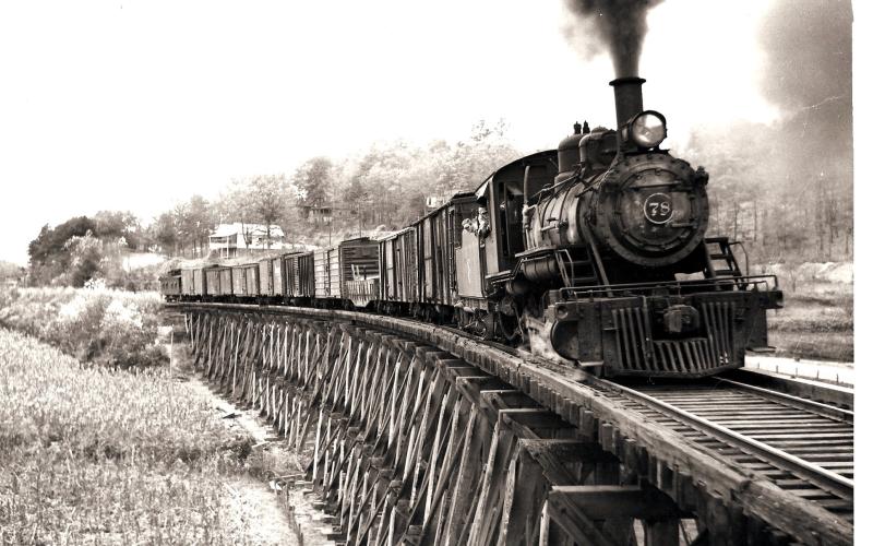 A Tallulah Falls Railroad freight train crossing one of 42 wooden trestles on the line's 58-mile route from Cornelia, Ga. to Franklin, N.C. in 1940.