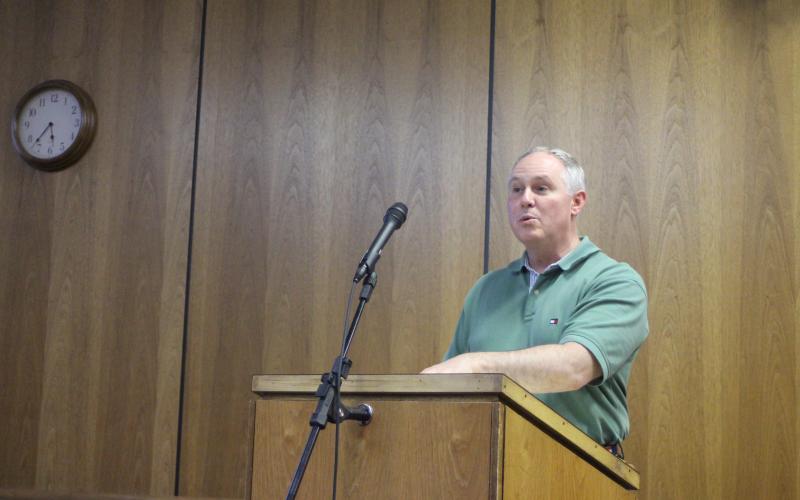 Megan Broome/The Clayton Tribune. Rick Story, director of development for Rabun County, speaks to Commissioners about a partnership between Forward Rabun and the county at Tuesday’s meeting. Commissioners approved a Memorium of Understanding (MOU) contract with Forward Rabun and lease of their building at 10 Seed Tick Rd., Clayton.
