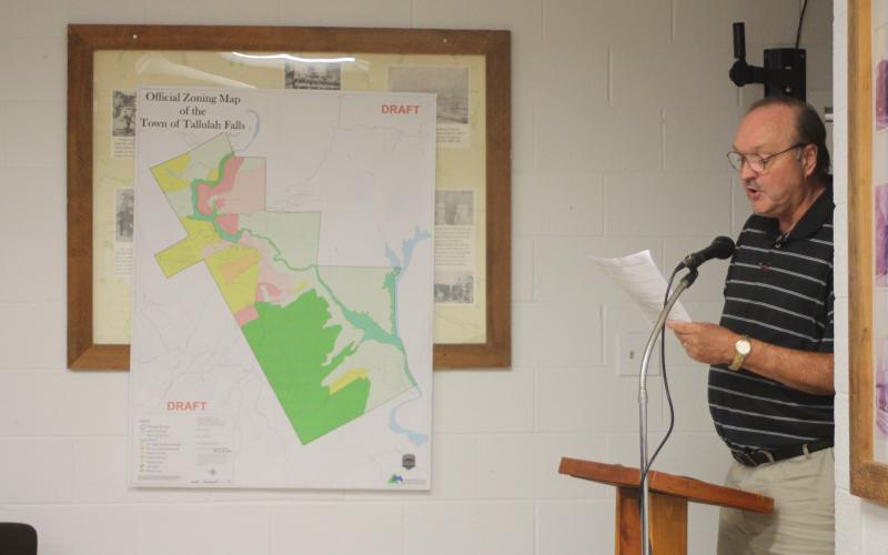 Megan Broome/The Clayton Tribune. David Irvin addresses Tallulah Falls City Council members at a meeting earlier this month where public hearings were held regarding the FY21 Budget, an amendment to the city’s zoning map and the short-term rental ordinance. Members of the public were invited to speak on each matter to express their opinions, both for and against.
