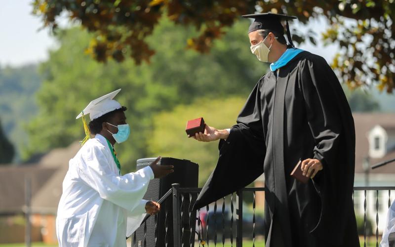 John Bonney ‘20 of Brooklyn, NY receives The Crystal Eagle Award on Sunday, August 9 during Rabun Gap-Nacoochee School’s commencement ceremony.