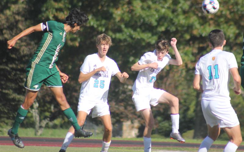 Andy Diffenderfer/The Clayton Tribune. This header by Rabun Gap’s Jacobo Saenz found the nets in the Eagles’ Oct. 2 home win over Asheville Christian.