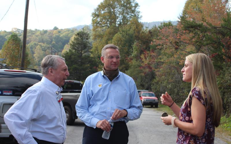 Megan Broome/The Clayton Tribune. Sam Burns, president of the Rabun County Republicans, left, and Molly Lima, Board of Education member, talk with Rep. Doug Collins at last Saturday’s meet-and-greet.