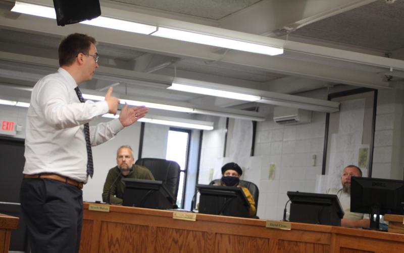 Megan Broome/The Clayton Tribune. RCWSA representative Brett Cohee addresses Clayton council members about water usage concerns at Tuesday’s city council meeting.