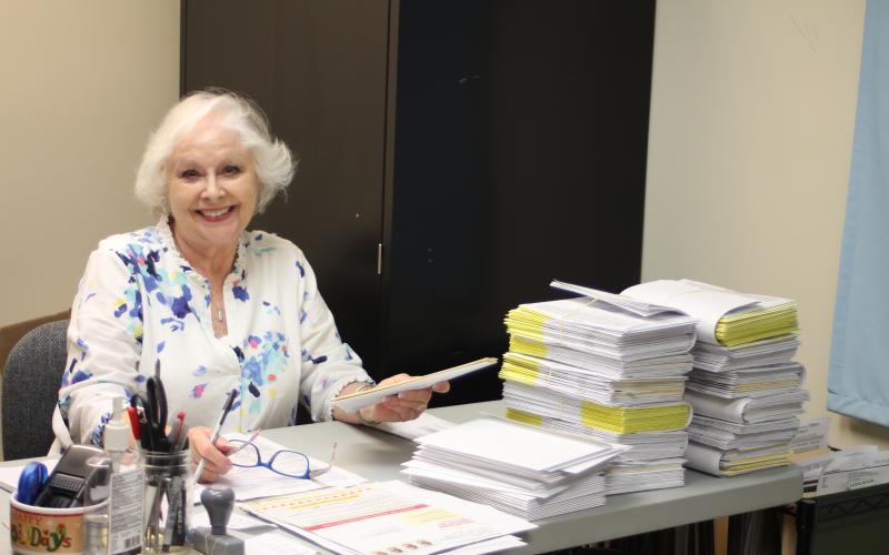 Poll worker Ann D'Agostino processes absentee ballot requests in the Rabun County Board of Elections Office for an election earlier this year.
