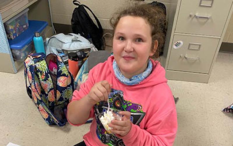 Photo courtesy Rabun County Schools. Cristina Weber’s 5th grade science class students are learning about mixtures and solutions. They made a thanksgiving favorite, pumpkin pie(in a bag), and made observations about states of matter, mixtures and solutions.