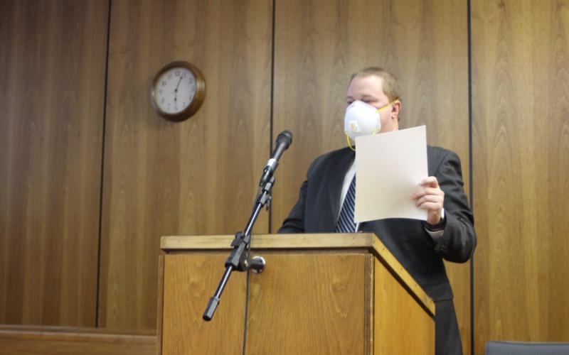 Megan Broome/The Clayton Tribune. Clay Pilgrim, CPA from Rushton and Company, presents the county’s FY 2020 audit to the Rabun County Board of Commissioners last Tuesday.