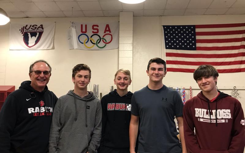 Photo courtesy of Rabun Middle School Rabun Middle coach C.J. Stockel is with Carver Jarrard, Harry Word, Adam Wright and Parker Smith.
