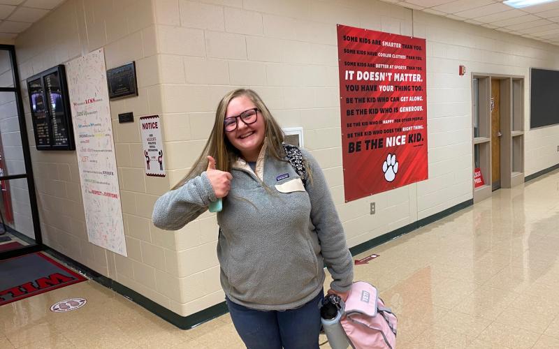 Submitted photo. Madison Griffin is excited and gives a thumbs up as she attends Rabun County Middle School Tuesday for the first day back for face-to-face instruction.